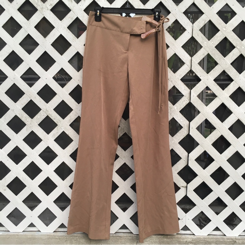 Vintage 90s Y2K A-list Wrapper Tan Animal Print Waistband Buckle Tie Flare Pants